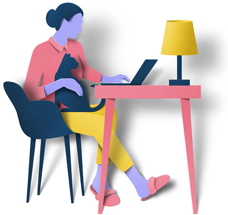 Illustration of a person sat at their desktop cuddling a cat